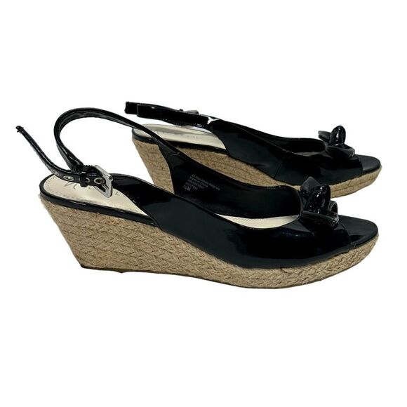 Shiny Black Espadrille Wedges Peep Toe with Bow 3 inch  Open Toe Nickels Ashton - Picture 1 of 9